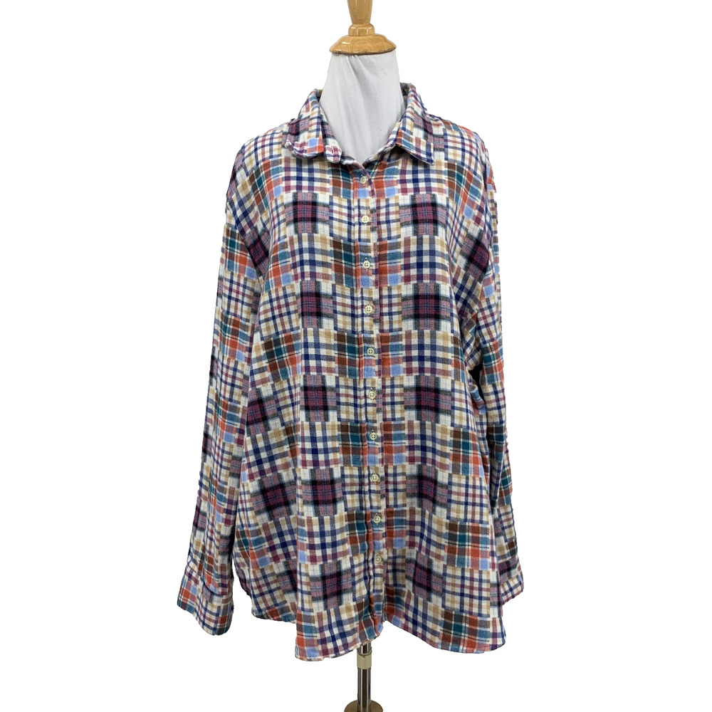 Rochelle Behrens Top Womens 2XL XXL Plaid The Boyfriend Shirt Patchwork Madras